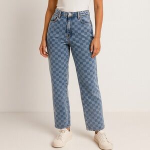 Almost Famous Blue Checkered Straight Leg Jeans Size 7